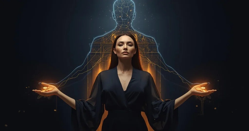 Психология отношений и финансов: женщина, стоящая перед монументальной тенью Анимуса (фигуры отца), материализует золото и ключи.