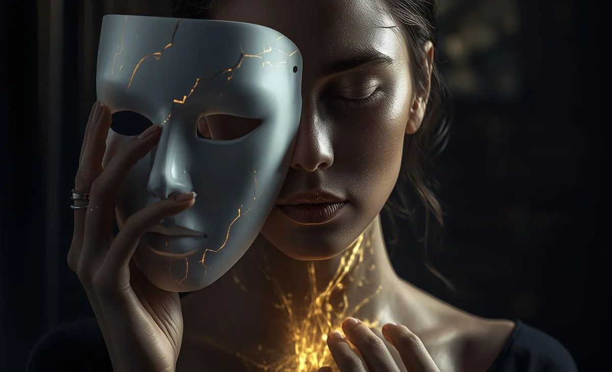 Психотерапия и поиск себя. Женщина снимает белую маску удобства, символизирующую Ложное Я, открывая золотое свечение своей истинной Самости.