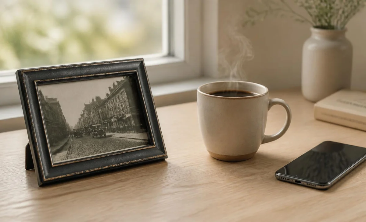 Старая семейная фотография рядом с чашкой кофе и смартфоном на столе - травма поколений живёт рядом с настоящим, даже когда о ней не говорят